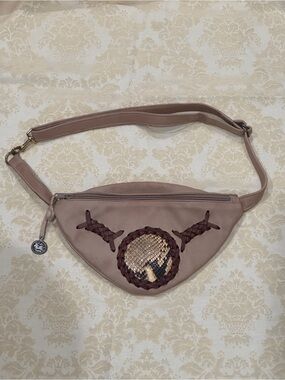 ERDA Beige Leather w/ Python Skin Accent Belt Bag Fanny Pack Braided Trim Zip